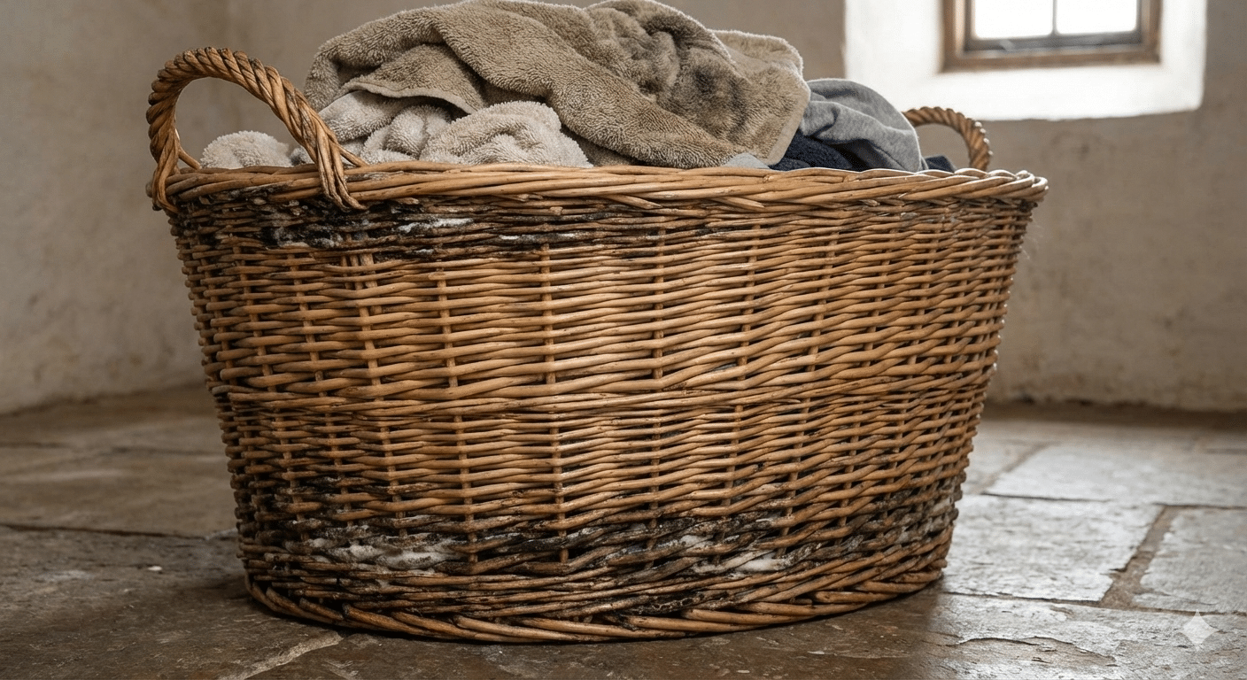 Panier en osier exposé à l’humidité pouvant provoquer des moisissures