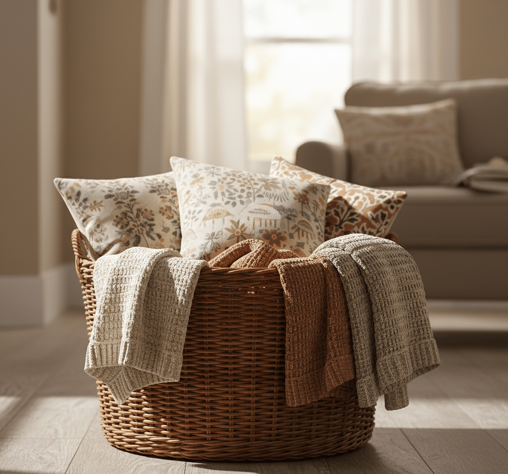 Panier en osier avec plaids ou coussins