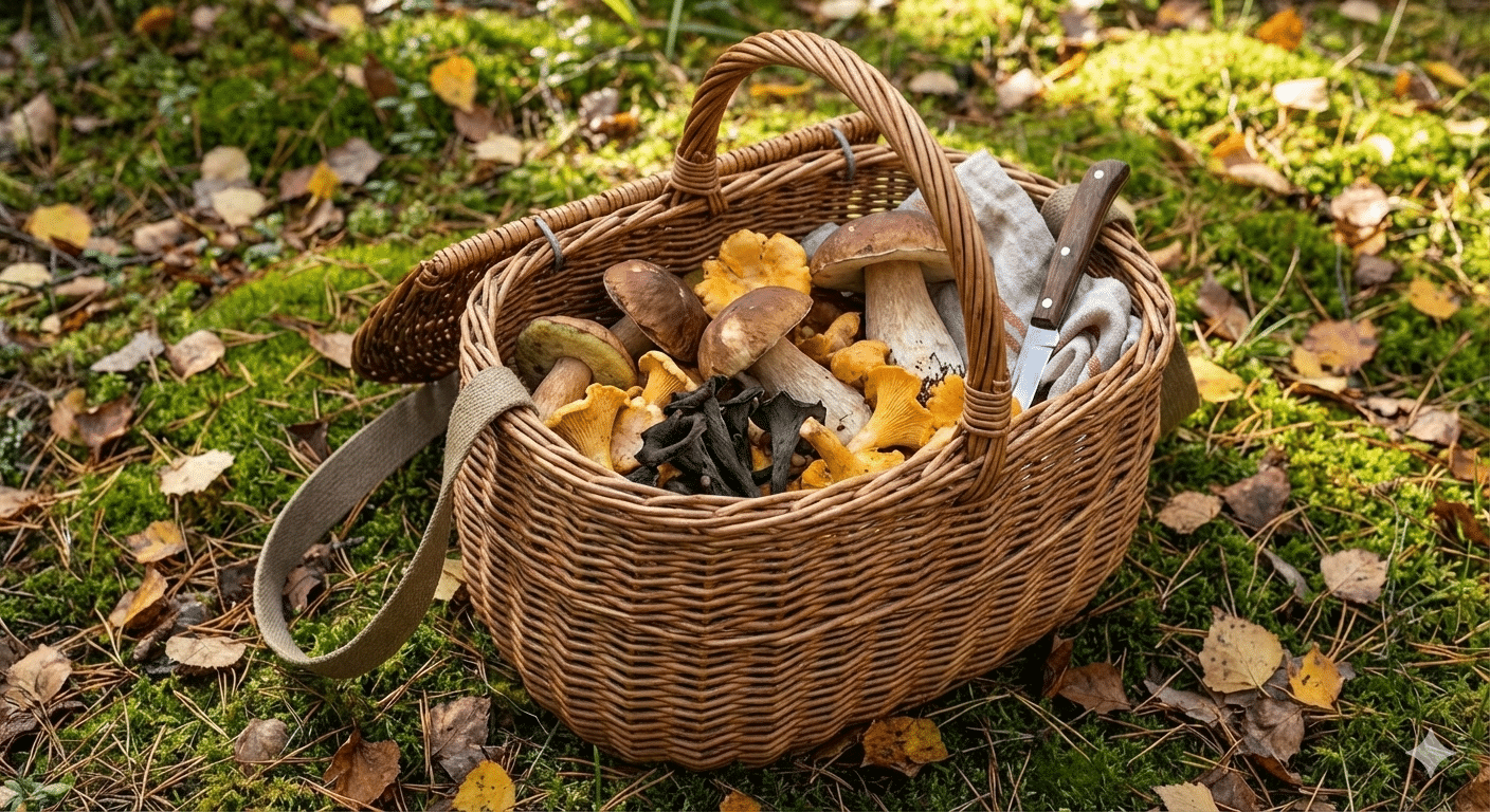 Panier à champignons en osier avec champignons