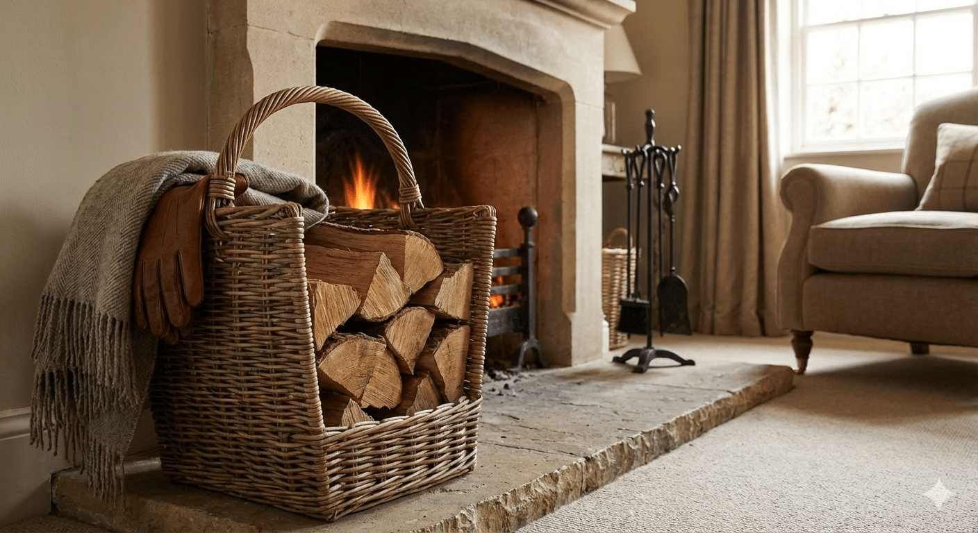 Panier à bûches en osier près d’une cheminée